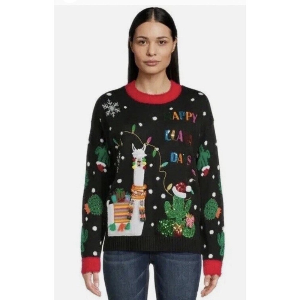 Holiday Time Happy Llama Days Sweater Womens Sz‎ XS Black Ugly Christmas